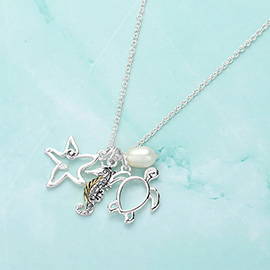 Two Tone Metal Seahorse Charm Pointed Starfish Sea Turtle Pearl Pendant Necklace
